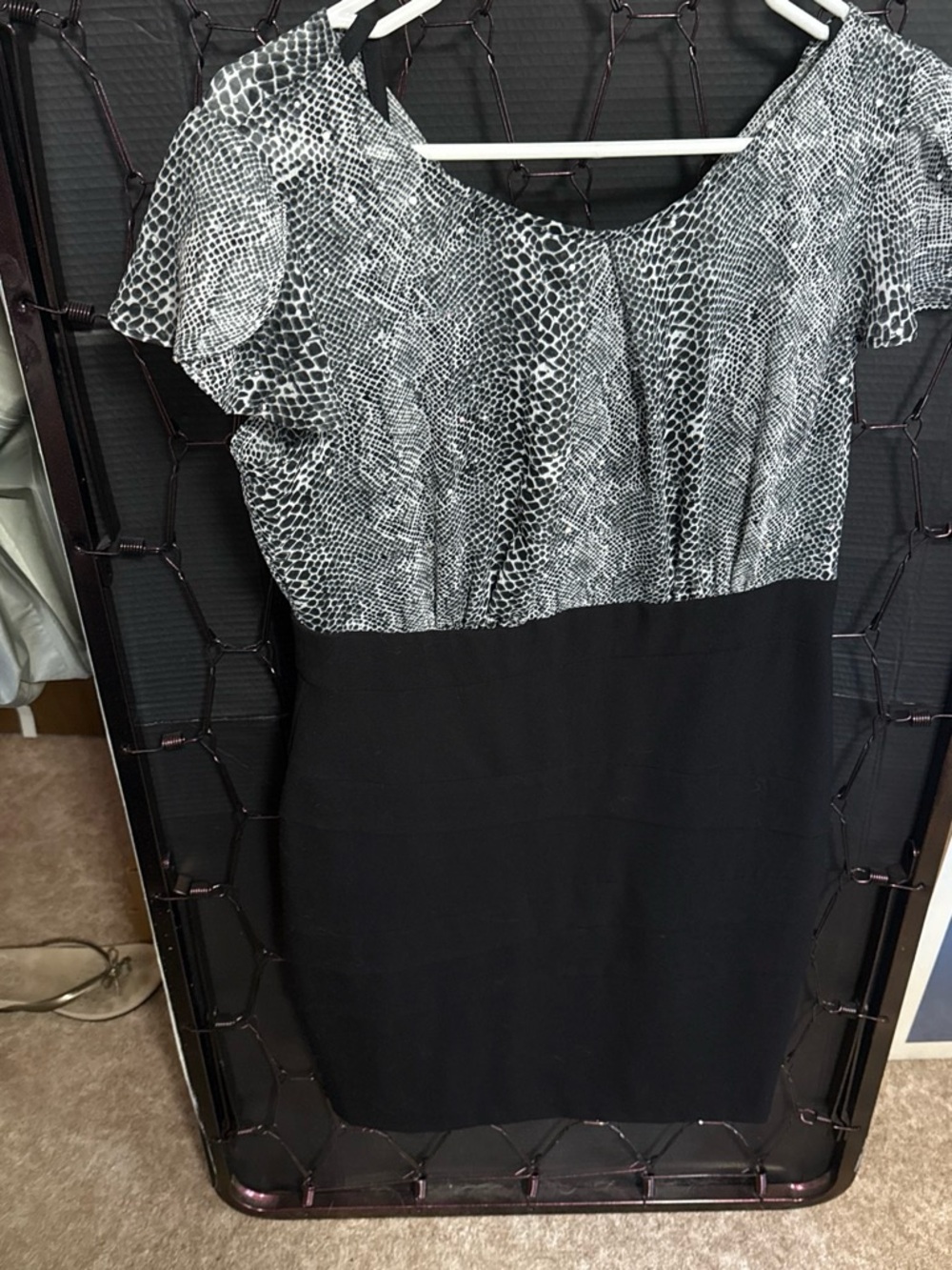 Black and Gray Printed Bodice Midi Dress with Flutter Sleeves